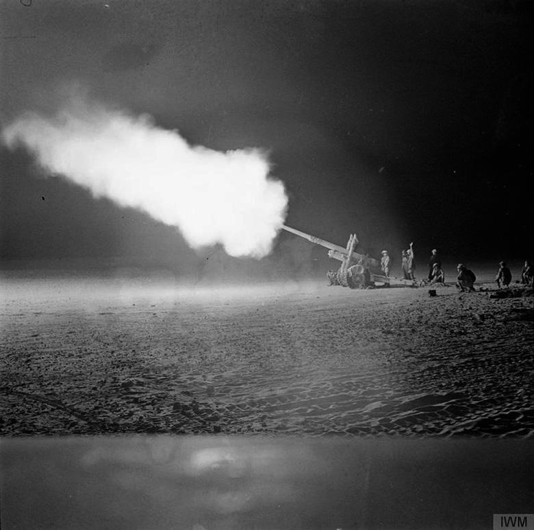 4.5 inch field gun firing at night at El Alamein